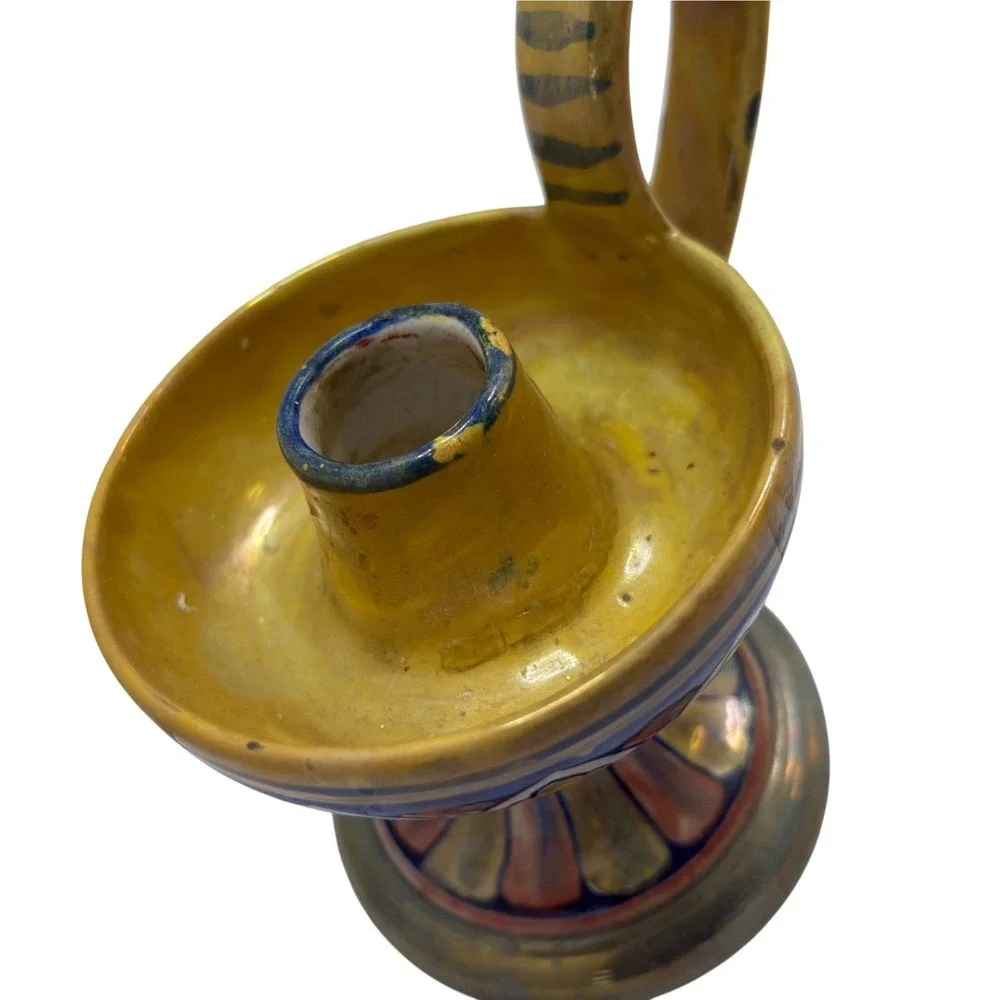Vintage AR Italy Hand Painted‎ Pottery Chamberstick Candlestick Gold Luster 5.5